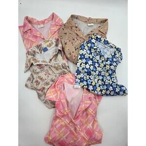 LOT 5 VTG women L Polyester Button Down Short Sleeve 80s Cottage Floral Abstract